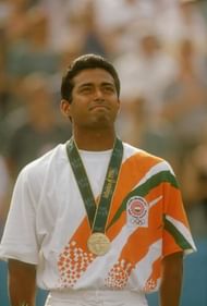 Leander Paes of India stands on the podium after winning a bronze medal in the men's singles tennis event at the 1996 Summer Olympic Games in Atlanta, Georgia on August 3, 1996. (Getty Images)